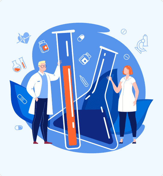 Illustration of two healthcare professionals looking beakers and test tubes.