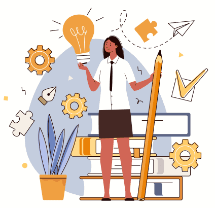 Illustration of a person holding an oversized lightbulb and pencil in front of a stack of books 