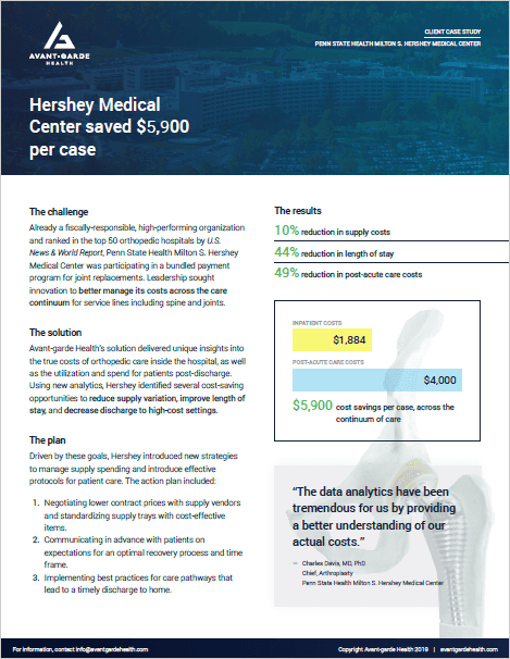 Image of the cover page of the Hershey Medical Center case study. Click here to learn how Hershey Medical Center uses our healthcare data analytics platform to reduce costs and improve patient outcomes.