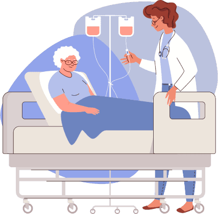Illustration of a patient in a hospital bed and doctor standing standing beside them. 